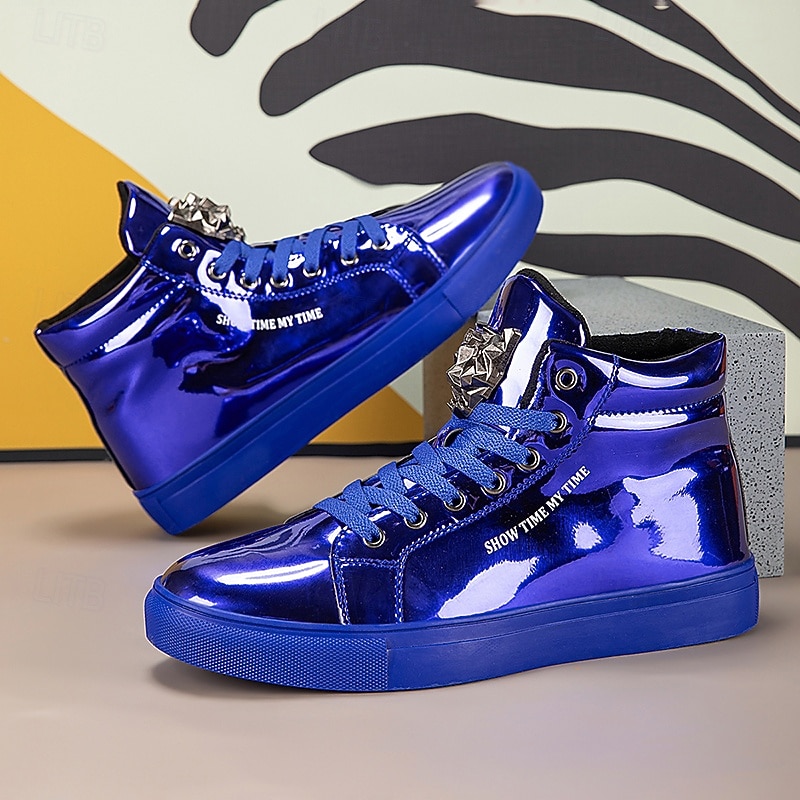 Men's Blue Metallic High Top Sneakers – Stylish Lace-Up Fashion Shoes with Glossy Finish for Street Dance, Nightlife and Parties2