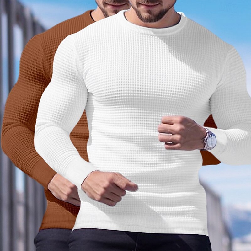 2 Piece Men's Waffle Shirt T Shirt Tee Top Long Sleeve Shirt Long Sleeve Crew Neck Crewneck Fall Spring & Fall Plain Fashion Designer Basic Knitted Vacation Street Casual  Top Tee for Men2