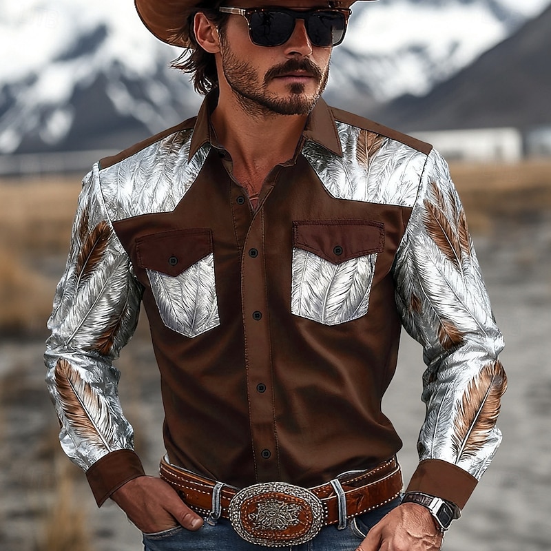 Men's Animal Fur Pattern Western Shirt Button Up Shirt Cowboy Shirt Long Sleeve Vintage Retro Outdoor Daily WorkWear Fall & Winter Turndown 3D Print Front Two Pockets Linen Like Shirt Black Brown