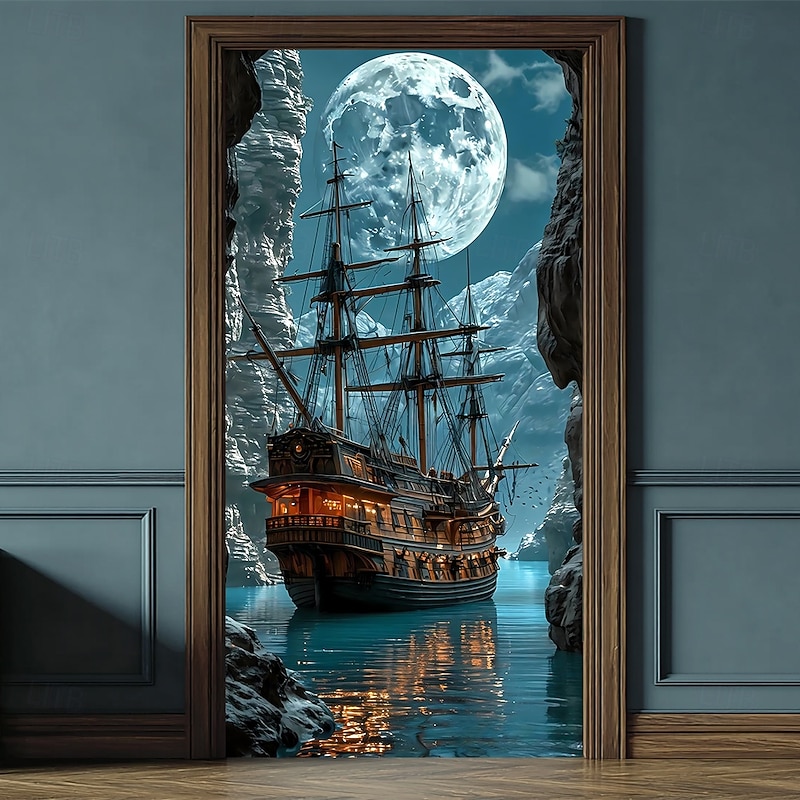 Tapestry Door Cover Outdoor Banners Moon Pirate Ship Fantasy Mystic Bedroom Living Room Teens Room College Dorm Guys Man Cave Frat Bedroom Home Decor