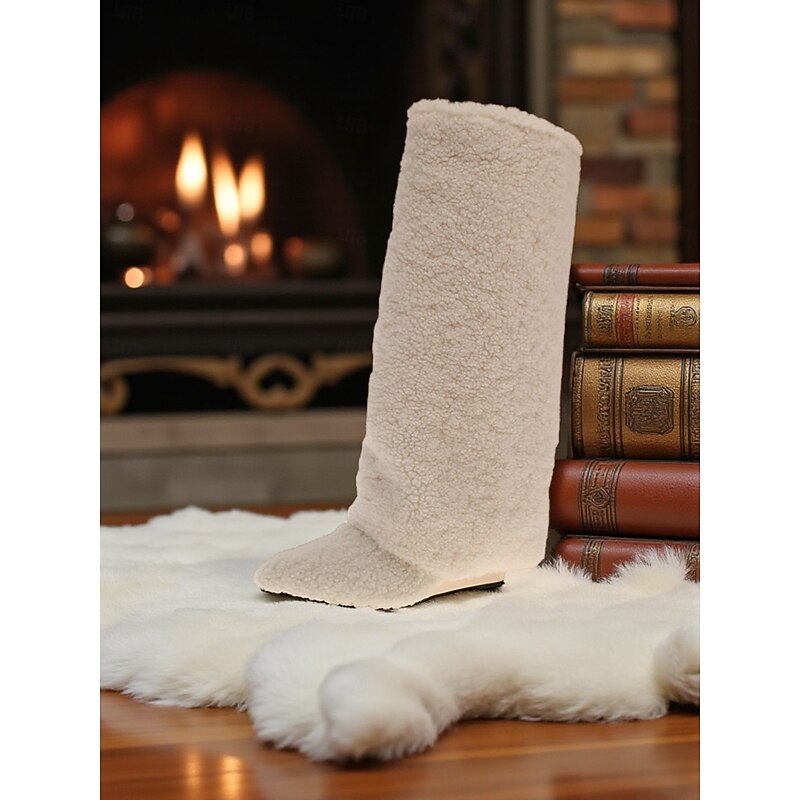 Women's White Fleece Knee High Boots Cozy Warm Winter Shoes with Pointed Toe for Casual City Outfits3