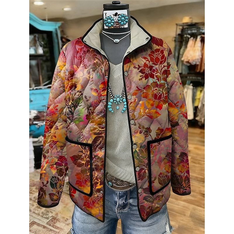Women's Winter Jacket Quilted Jacket Warm Lightweight Print Active Vintage Artistic Boho Vintage Floral Casual Short Stand Collar Regular Fit Long Sleeve Outerwear Red Blue Purple Fall Winter