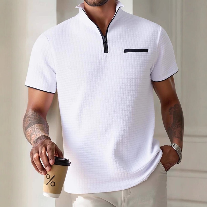 Men's Waffle Polo Shirts Zip Polo Casual Holiday Quarter Zip Short Sleeve Fashion Basic Plain Quarter Zip Summer Spring All Seasons Slim Fit Black White Navy Blue Orange Waffle Polo Shirts