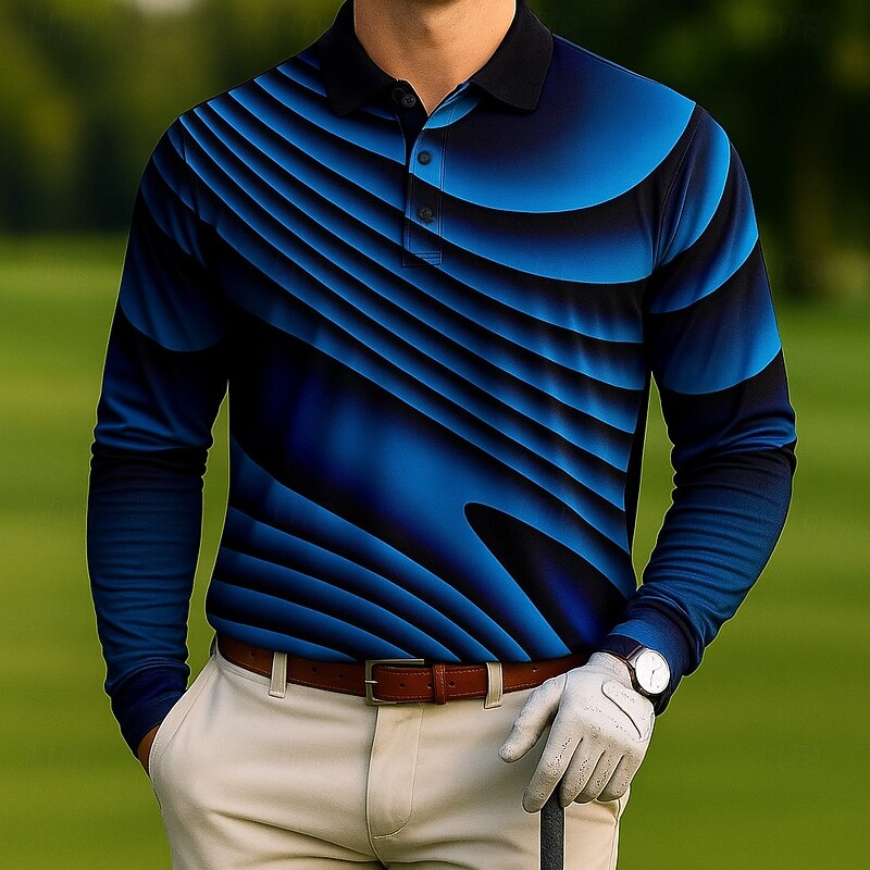 Men's Geometic Golf Polo Long Sleeve Polo Shirts Lapel Casual Outdoor Athleisure Daily Wear 3D Print Buttons Spring Fall Winter White Blue Purple