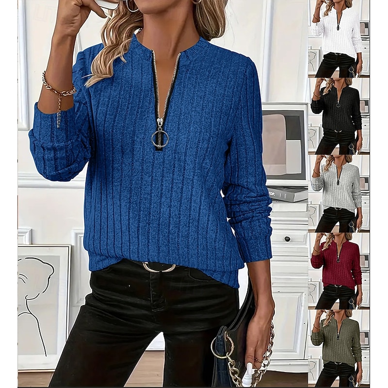 Women's Pullover Sweatshirt Plain Casual Long Sleeve V Neck Regular Tops Street Dailywear Zipper Black White Red Blue Green Fall Winter