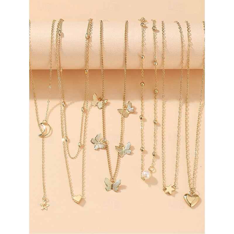 Women's Alloy Layered Necklace Set with Butterfly, Heart, Star, and Moon Pendants, Fashion Multi-Strand Jewelry for Parties, Weddings and Everyday Wear4