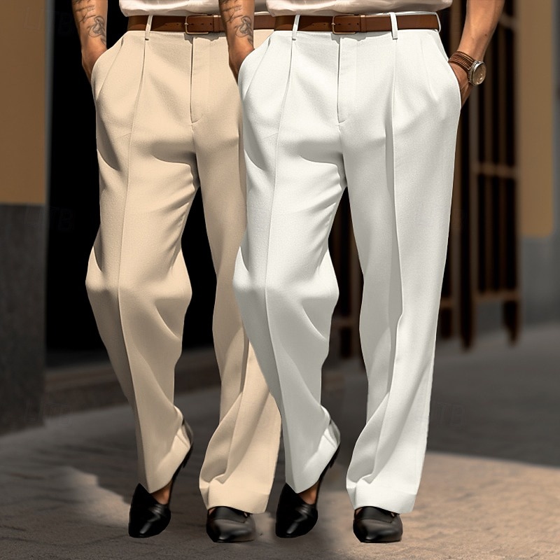 Men's Trousers Dress Pants Suit Pants Front Pocket Straight Leg Plain Comfort Full Length Wedding Party Business Fashion Chic & Modern White+khaki Black+ Khaki Inelastic2