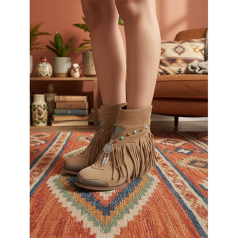 Women's Fringe Boots with Dreamcatcher Decor - Brown Bohemian Ankle Boots for Women4