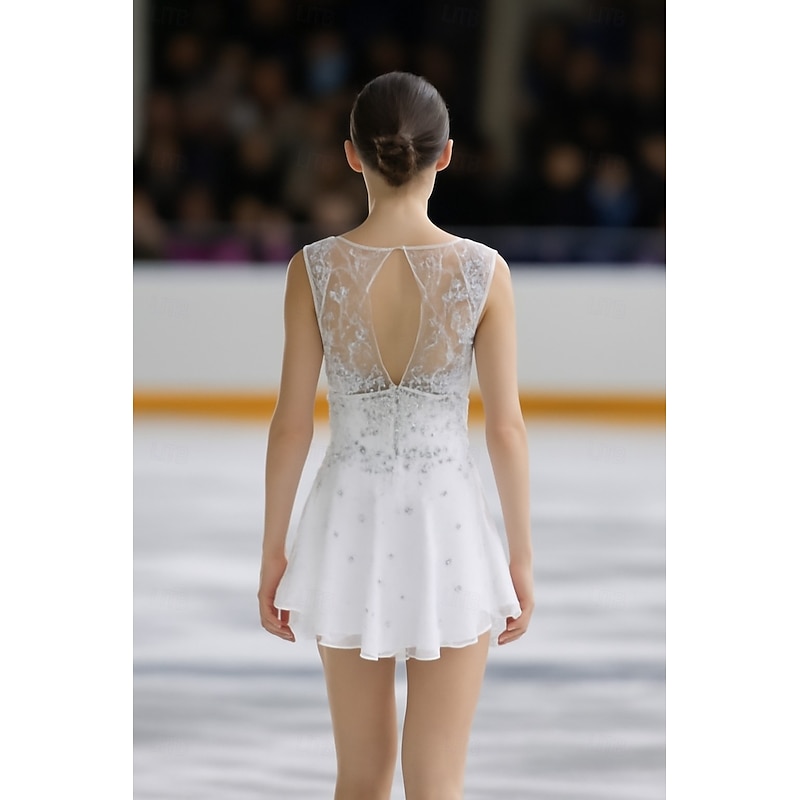 Figure Skating Dress Women's Girls' Ice Skating Dress White Patchwork Asymmetric Hem Spandex High Elasticity Training Professional Competition Skating Wear Classic Crystal / Rhinestone Sleeveless Ice2