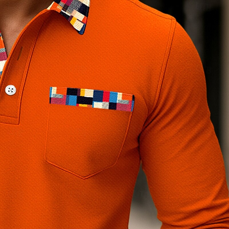 Men's Golf Shirt Pique Polo Shirt Vacation Work Turndown Long Sleeve Fashion Basic Solid Color Plaid Check Pattern Buttons Summer Spring Spring &  Fall Slim Fit Blue Red Orange Dark Grey Golf Shirt4