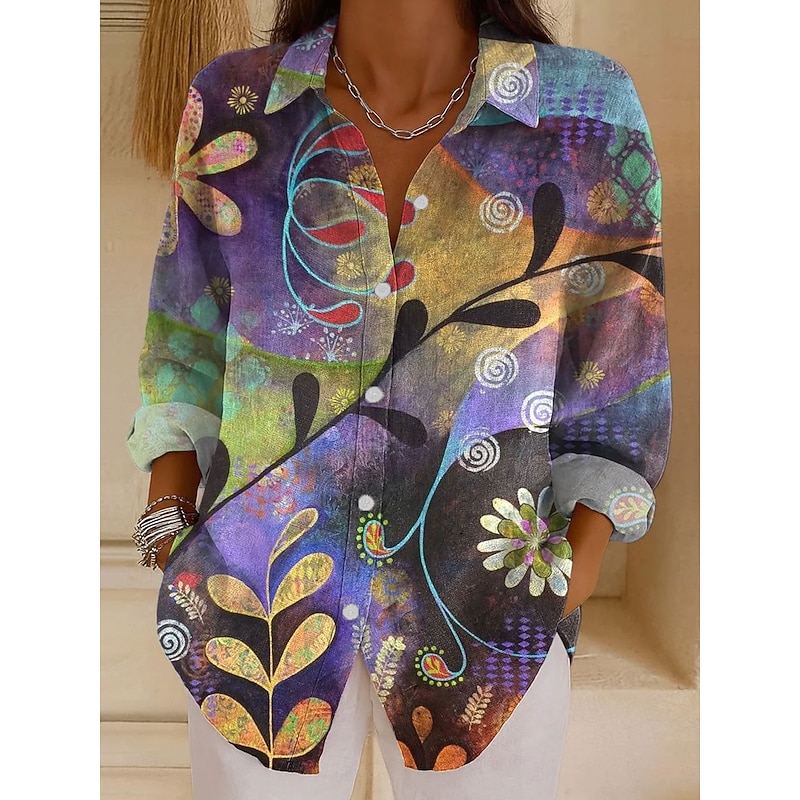 Women's Shirt Graphic Geometric Abstract Vintage Tropical Daily Long Sleeve Shirt Collar Regular Tops Daily Holiday Print Black Red Blue Purple Orange Spring Fall2