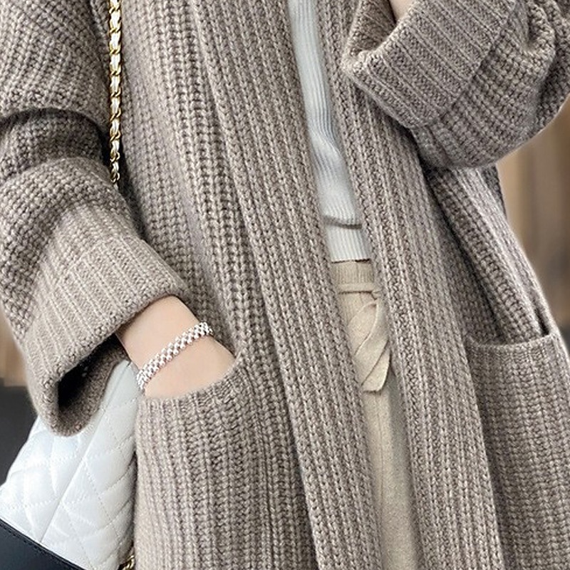 Women's Sweater Cardigan Streetwear Casual Solid Color Shirt Collar Pocket Knitted Long Sleeve Long Tops Knit Holiday Going out Weekend Camel Beige Fall Winter4