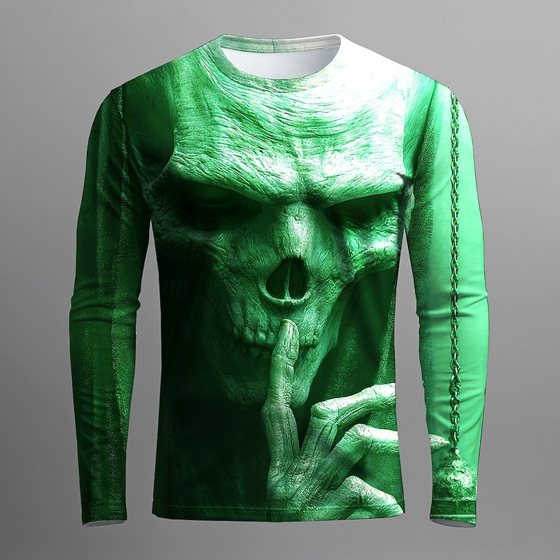 Halloween Men's Skull Optical Illusion 3D T Shirt Long Sleeve T shirt 3D Print Crew Neck Shirt Fashion Exaggerated Street Casual Daily Light Blue Blue Green Summer Spring Fall Clothing Apparel S M L2