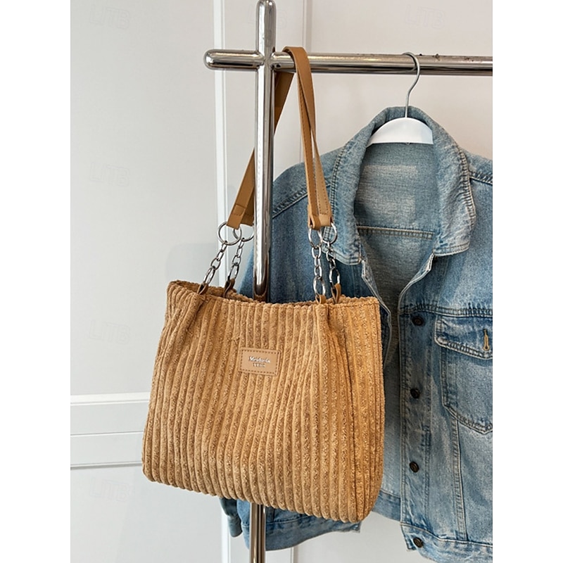 Women's Corduroy Tote Shoulder Bag with Leather Straps, Casual Large Capacity Handbag for Shopping, Travel, Work and Daily Use3