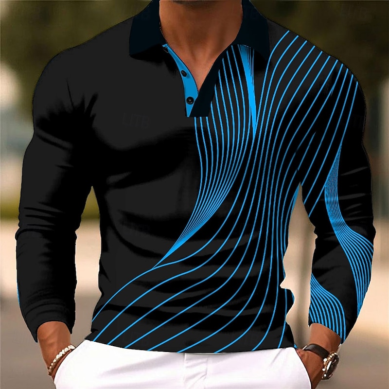Men's Geometic Line Polo Long Sleeve Polo Shirts Collared Shirts Business Casual Business Athleisure Daily Wear 3D Print Buttons Spring Fall Winter Black Red Blue2