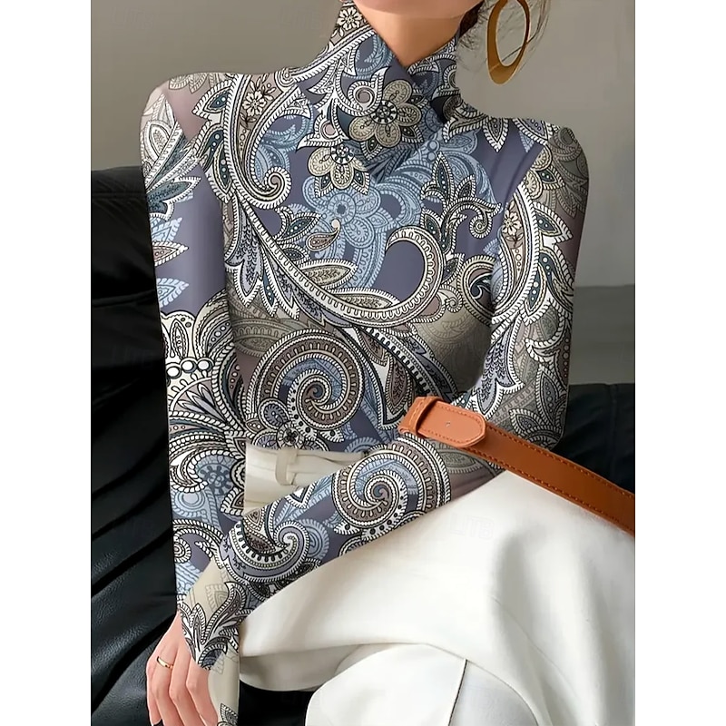 Women's T Shirt Graphic Paisley Elegant Vintage Fashion Long Sleeve High Neck Asymmetric Neck Regular Tops Daily Print Dusty Blue Spring Fall Winter