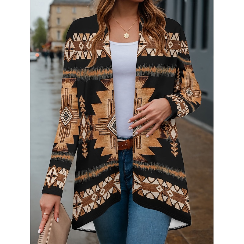 Women's Winter Coat Trench Coat Lightweight Comfortable Print Open Front Vintage Fashion Casual Boho Vintage Geometric Vacation Casual Long Collarless Regular Fit Long Sleeve Outerwear Black Beige2