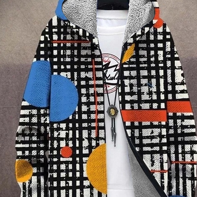 Men Geometric Pattern Winter Coat Fleece Jacket Coat Thermal Warm Comfortable Casual Daily Wear Zipper Pocket 3D Print Fall Winter Hooded Long Sleeve Black Green3