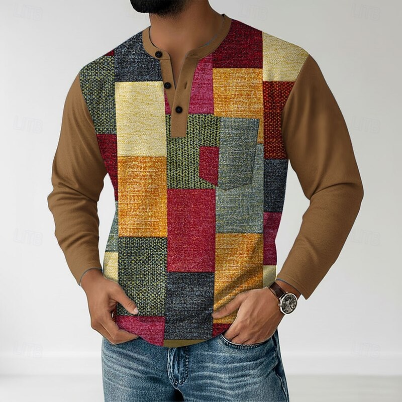 Men's Graphic Patchwork Henley Shirt T shirt Tee Long Sleeve Retro Vintage Casual Casual Spring Fall Black Dark Red Brown Henley Henley T-Shirt3