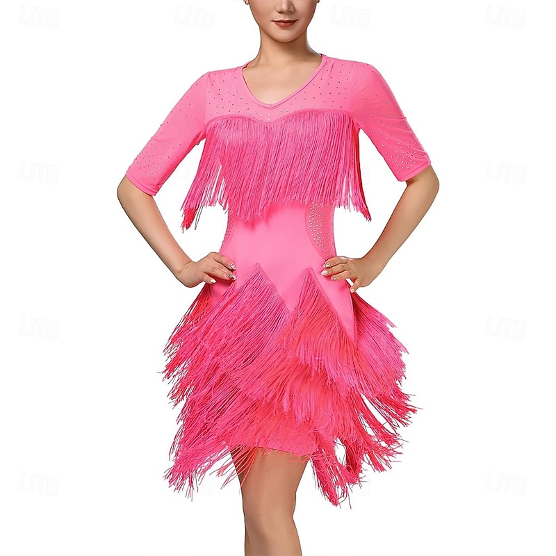 Rhinestones Layered Fringe Dress Ballroom Latin Dance Dress for Women Tiered Tassel Flapper Dresses Salsa Dancing Costume