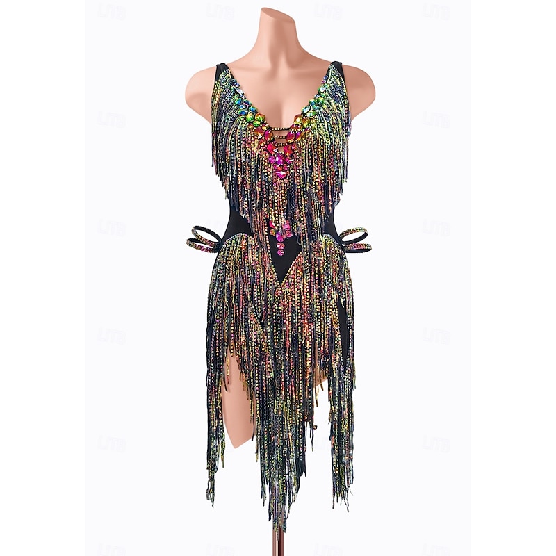 Latin Dance Dress Splicing Crystals / Rhinestones Women's Performance Training Sleeveless High Spandex