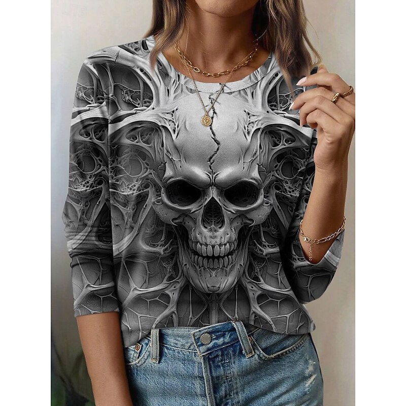 Halloween Women's T Shirt Skulls Graphic Vintage Fashion Stylish Long Sleeve Crew Neck Round Neck Regular Tops Daily Weekend Print Yellow Blue Purple Green Gray Summer Spring Fall2