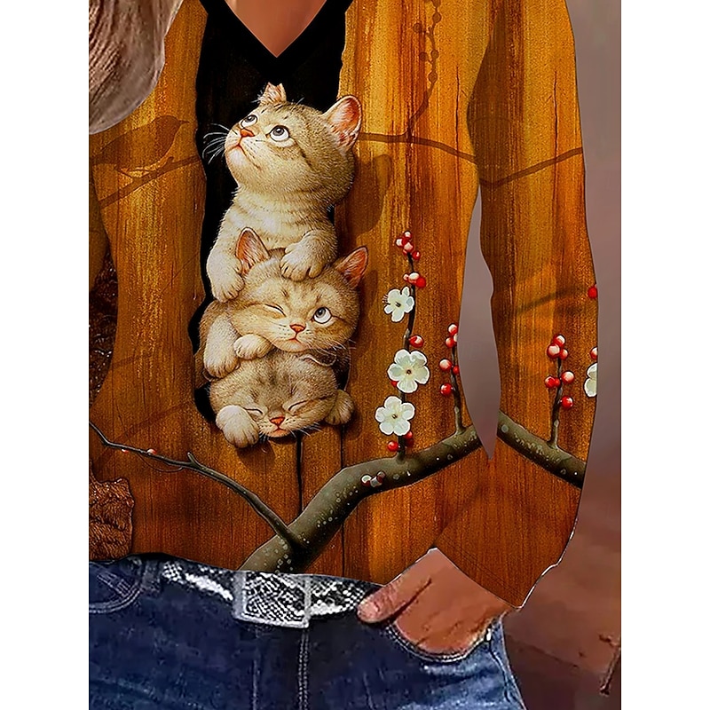 Women's T Shirt Graphic Animal Cat Vintage Stylish Classic Long Sleeve V Neck Regular Tops Daily Print Orange Spring Fall Winter3