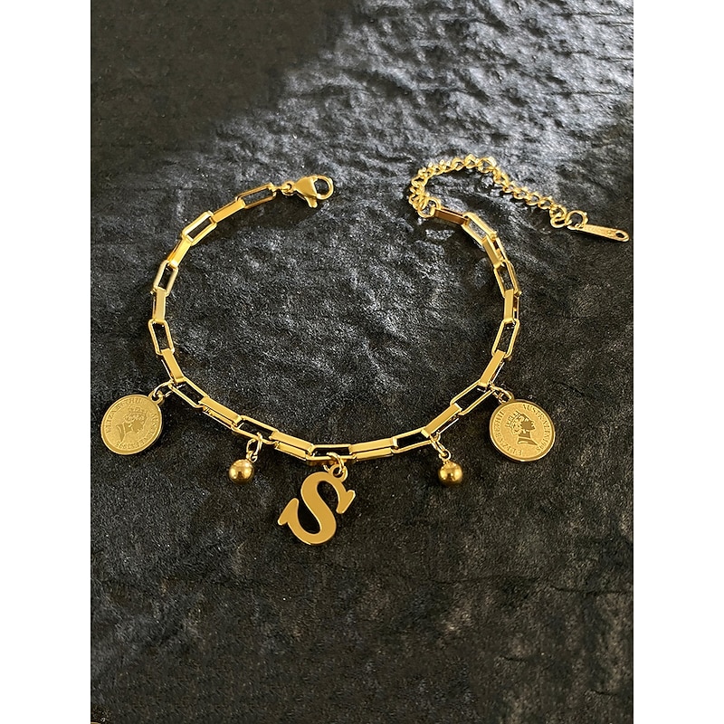 Women's Gold-Plated Alphabet Letter Bracelet with Coin and Ball Charms, Adjustable Chain, Stylish Christmas Gift for Her, Personalised Jewelry Accessory2