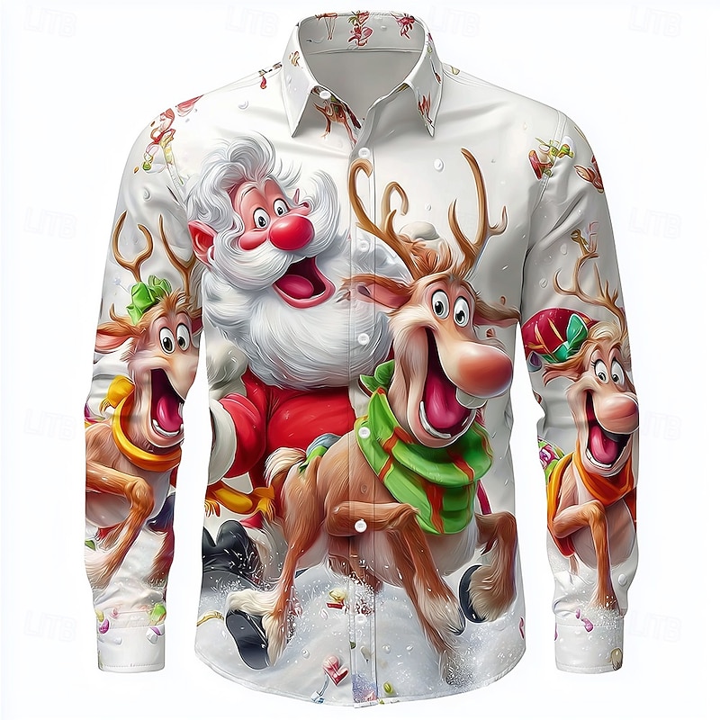 Christmas Men's Cartoon Santa Claus Reindeer Shirt Button Up Shirt Long Sleeve Funny Outdoor Holiday Spring Fall Turndown 3D Print Collared Shirts White 1 White