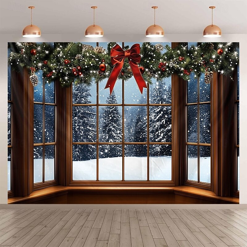 Chrismas Hanging Tapestry Snowy Window Scene Christmas Wreath Large Wall Art Mural Decor Blanket Curtain Holiday Home Bedroom Living Room Festive Party Decoration3