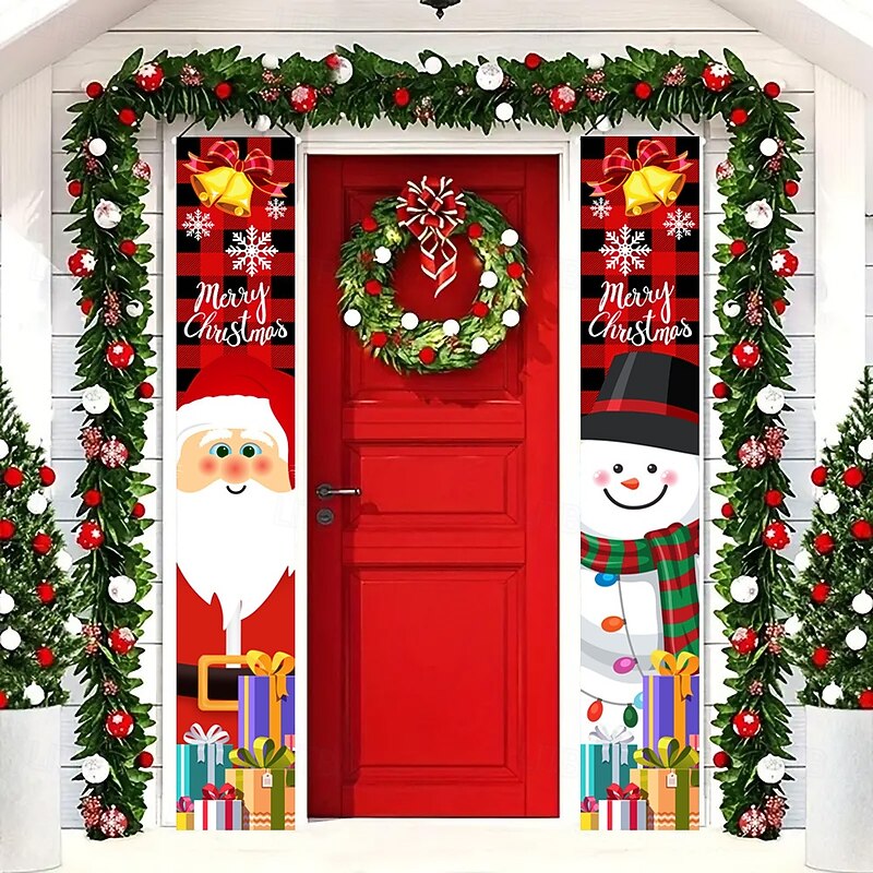 New Christmas Hanging Flag, Snowman Door Curtain, Santa Claus Holiday Decoration, Courtyard Party Banner and Door Couplets3