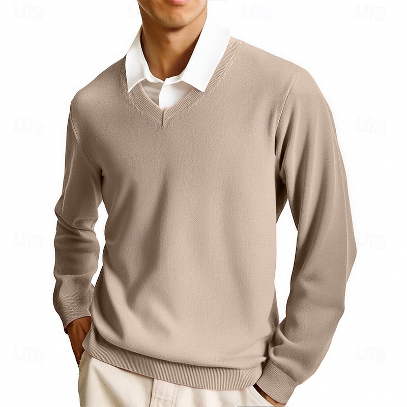 Men's Pullover Sweater Jumper Casual Sweater Knit Sweater Ribbed Knit Regular Tops Knitted Plain V Neck Fashion Casual Vacation Daily Wear Clothing Apparel Fall Winter Camel Wine S M L2
