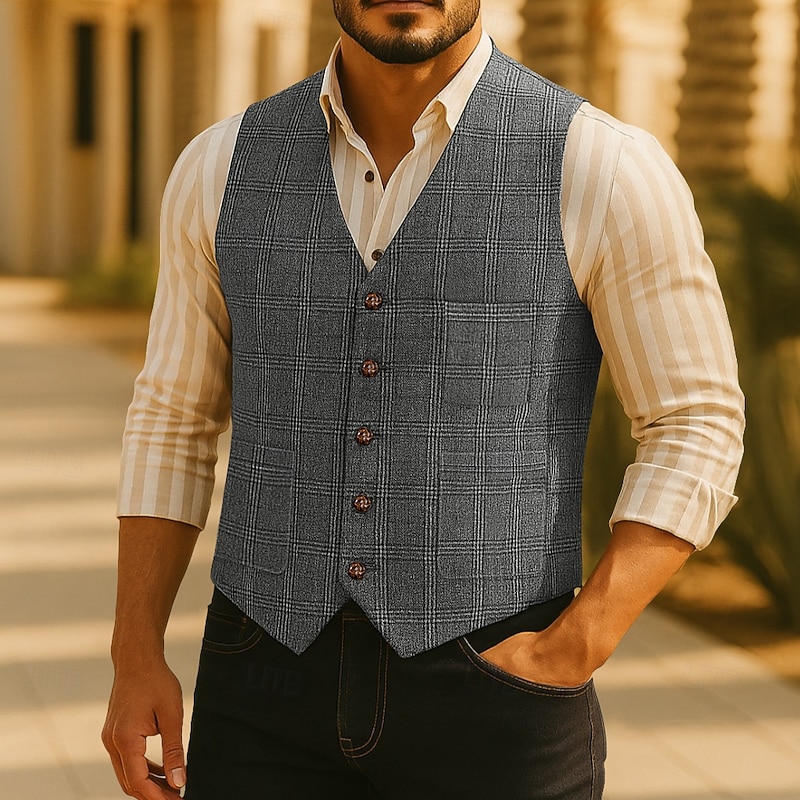 Men's Vest Tweed Vest Waistcoat Formal Wedding Vacation Casual Fashion Classic Spring Fall Pocket Buttons Polyester Woven Comfortable Plaid Single Breasted V Neck Regular Fit Black Champagne Navy4