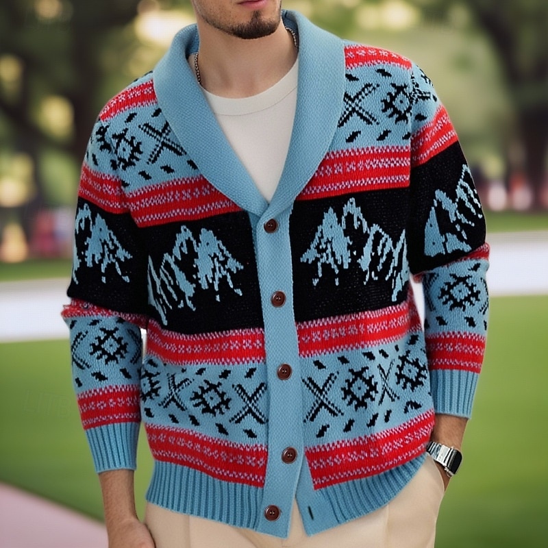 Men's Sweater Cardigan Sweater Fair Isle Sweater Ribbed Knit Regular Tops Knitted Plain Shawl Collar Vacation Fashion Casual Daily Wear Clothing Apparel Spring &  Fall Blue M L XL