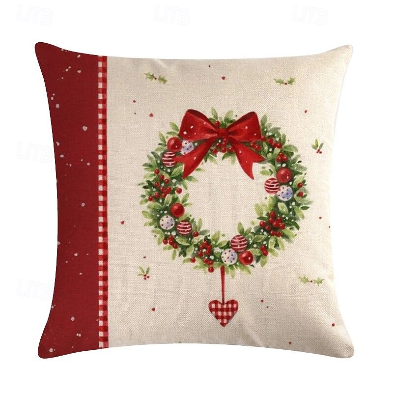 Christmas Red and White Patchwork Throw Pillow Cover, Festive Cartoon Holiday Wreath Cushion Case, Linen Decorative Pillowcase for Sofa2
