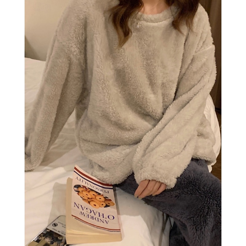 Women's Pajamas Loungewear Casual Patchwork Elastic Waist Pant Vacation Home Bed Long Sleeve Crew Neck Black Red Purple Beige Gray Fall Winter Tailored Fit3