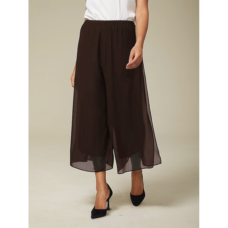 Women's Culottes Wide Leg Vacation Classic Calf-Length Mid Waist Elastic Waist Stylish Fashion Stretchy Formal Office Dailywear Brown Summer Spring Fall