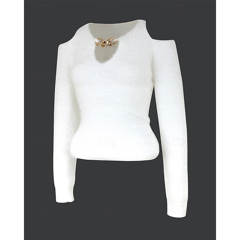 Women's Sweater Casual Soft Pure Color Ribbed Crew Neck Knitted Cold Shoulder Long Sleeve Regular Tops Knit Outdoor Daily Weekend White Fall Winter2