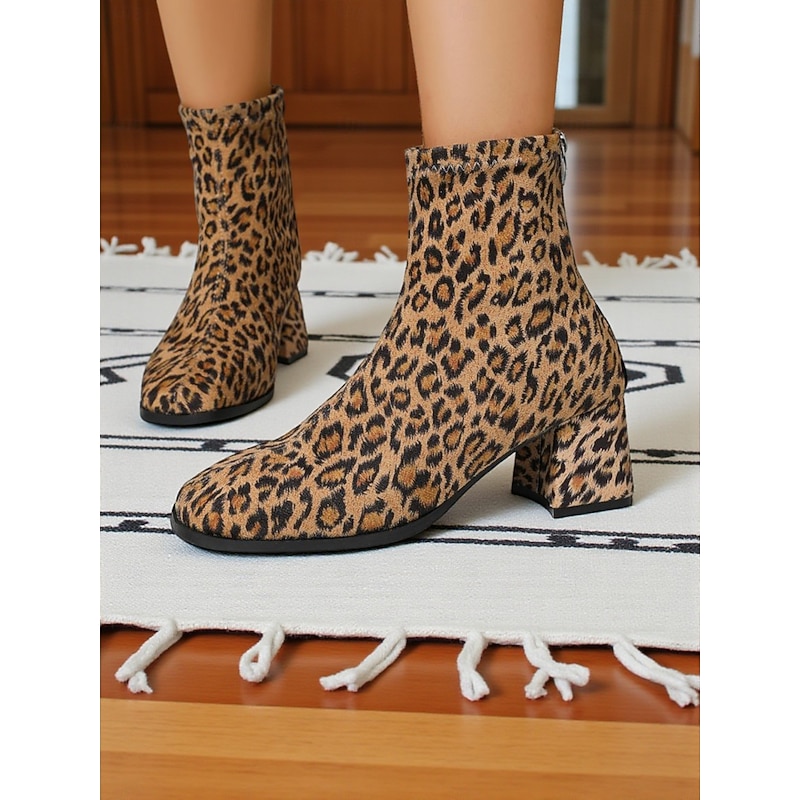 Women's Leopard Print Ankle Boots with Block Heel -Trendy Animal Print Fashion Short Boots for Casual and Party Wear2