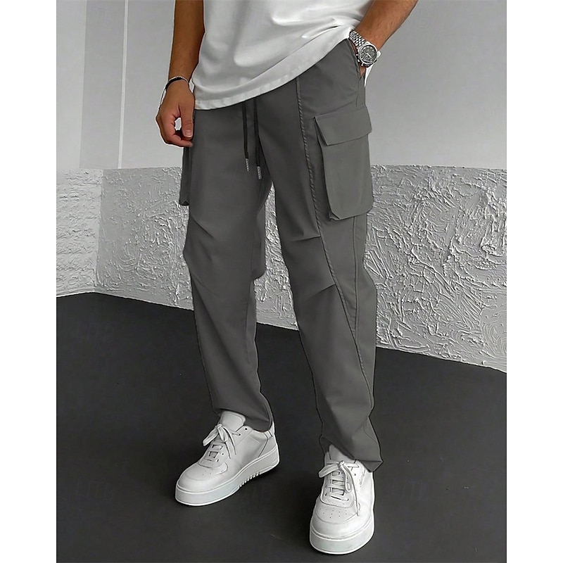 Men's Cargo Pants Trousers Drawstring Elastic Waist Multi Pocket Plain Wearable Outdoor Daily Camping & Hiking Fashion Classic Khaki Light Grey4