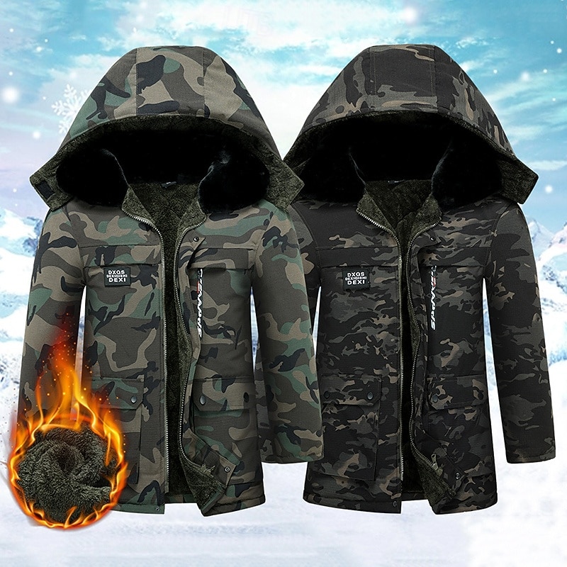 Men's Hiking Jacket Fleece Jacket Puffer Jacket Thermal Set Winter Outdoor Camo Thermal Warm Top Black Green