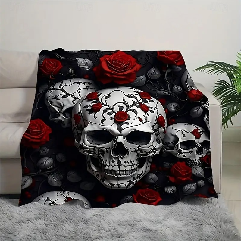 Halloween Fleece Throw Blanket for Couch Skeleton Rose Mexico Dark Punk Gothic Style Party Sofa Bed Decorative Warm Blanket Home Decor2