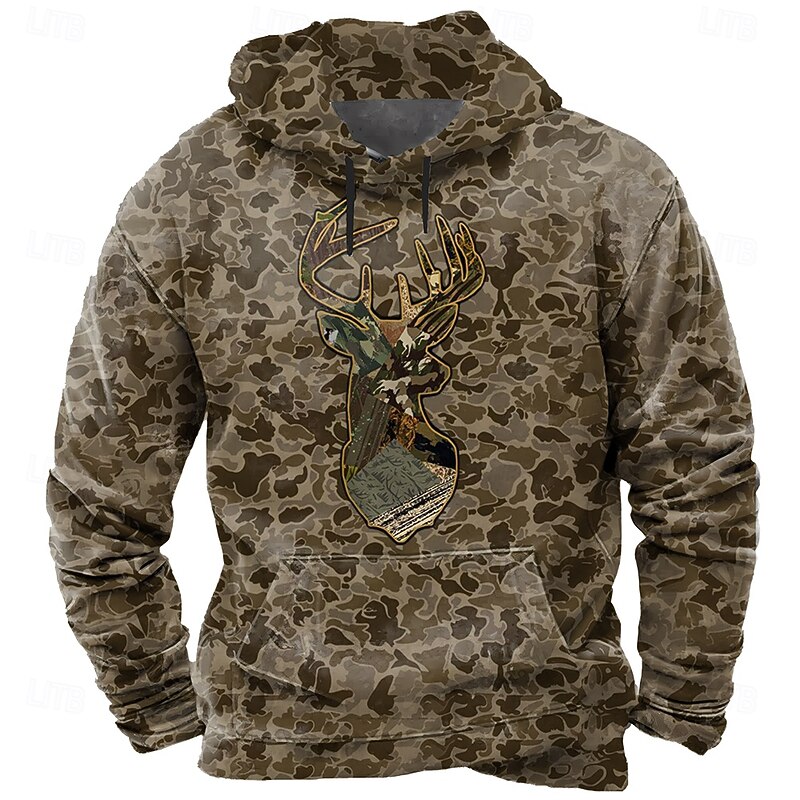 Men's Camo Deer Hoodie Sweatshirt Fashion Classic Crew Neck Outdoor Hunting Purple Brown Drawstring Fall Winter Designer