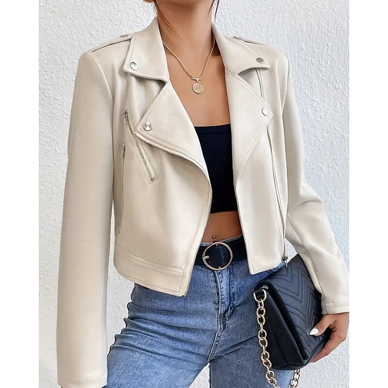 Women's Faux Leather Jacket Comfortable Zipper Pocket Casual Plain Outdoor Street Daily Wear Going out Short Turndown Regular Fit Long Sleeve Outerwear Khaki Apricot Fall Winter3