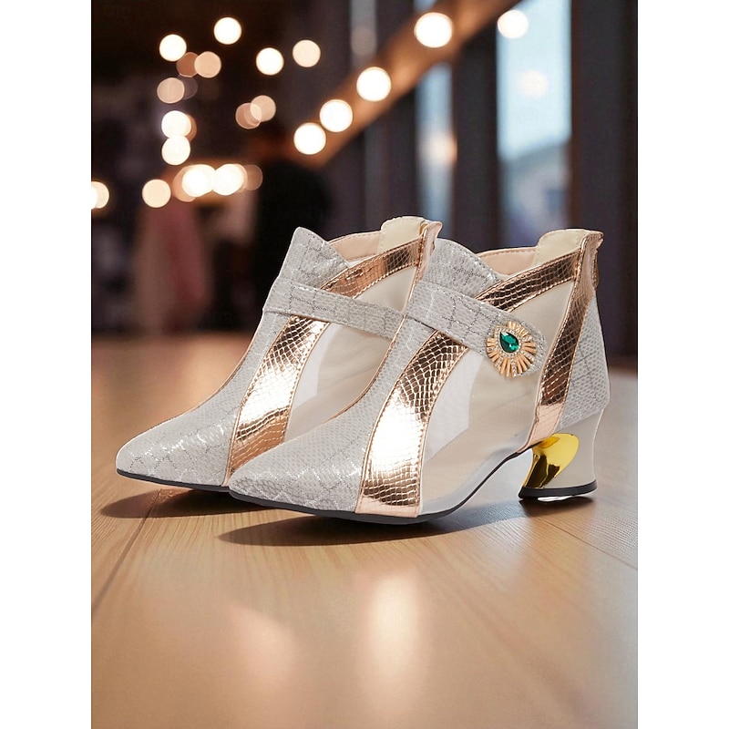 Women's Silver and Gold Mesh Ankle Boots with Emerald Detail - Glitter Party Shoes for Nightlife, Clubwear and Dance Events4
