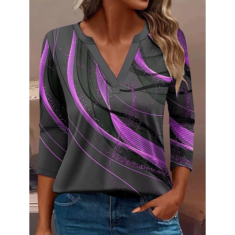Women's T Shirt Graphic Geometric Abstract Vintage Stylish Classic Long Sleeve V Neck Notched Neck Regular Tops Daily Print Blue Purple Gold Green Spring Fall Winter3