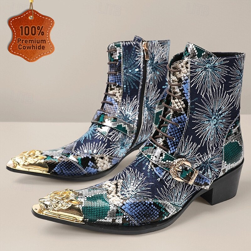 Men's Blue and Green Snake Print Western Boots with Gold Accents – Unique and Trendy Footwear for Fashion-Forward Men, Perfect for Special Occasions