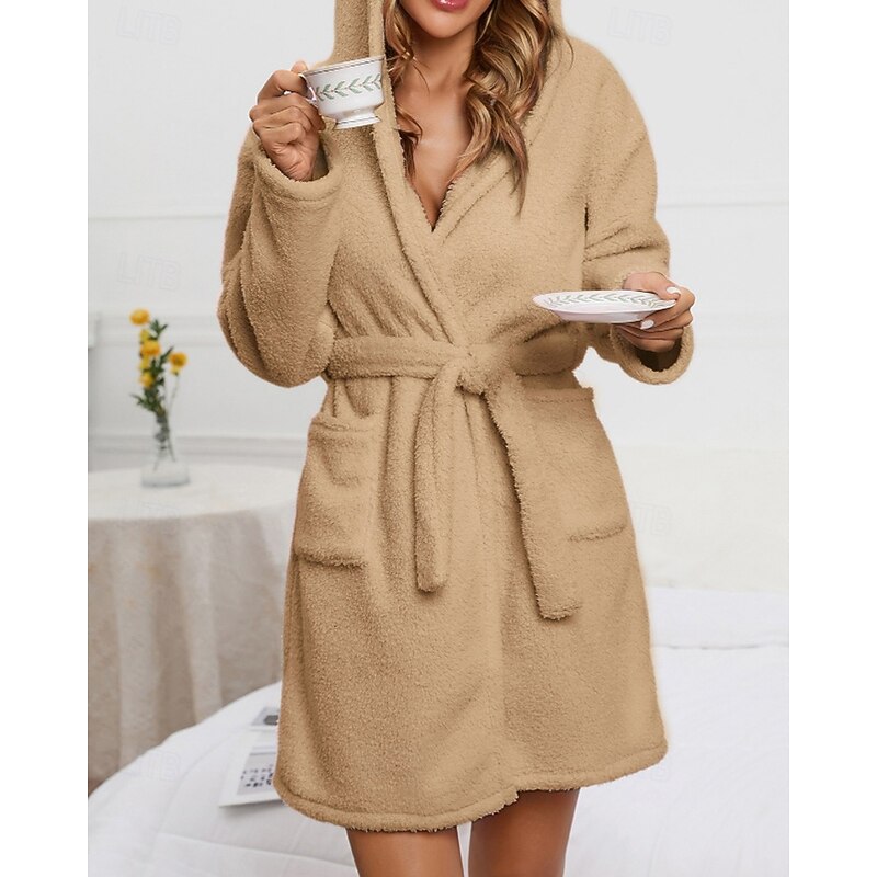 Women's Pajamas Robe Fashion Casual Pure Color Lace Vacation Home Bed Long Sleeve Hoodie Pink Khaki Fall Winter Tailored Fit4