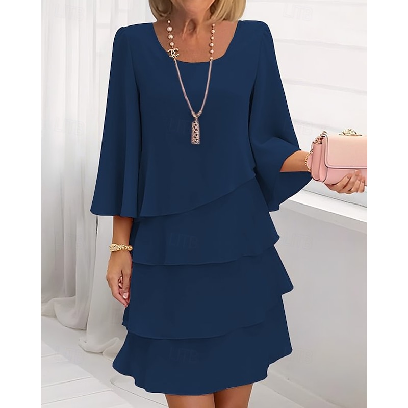 Women's Mini Dress Chiffon Dress Tiered Dress Fashion Modern Outdoor Vacation Going out Regular Fit Plain 3/4 Length Sleeve Crew Neck Pink Red Navy Blue Khaki Spring Fall4