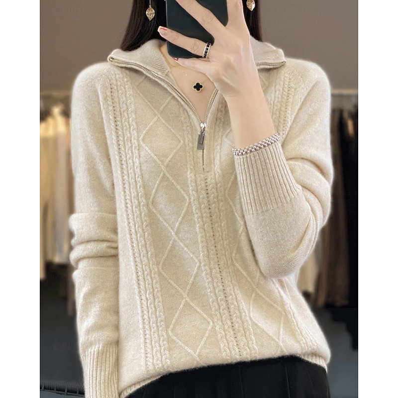 Women's Sweater Pullover Fashion Casual Pure Color Ribbed Half Zip Zipper Knitted Long Sleeve Regular Tops Knit Outdoor Daily Weekend Beige Fall Winter2